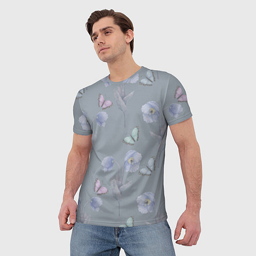 Мужская футболка Бабочки и цветы голубого мака / 3D-принт – фото 3