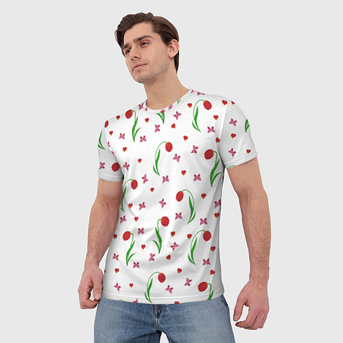 Мужская футболка Тюльпаны, бабочки, сердечки / 3D-принт – фото 3