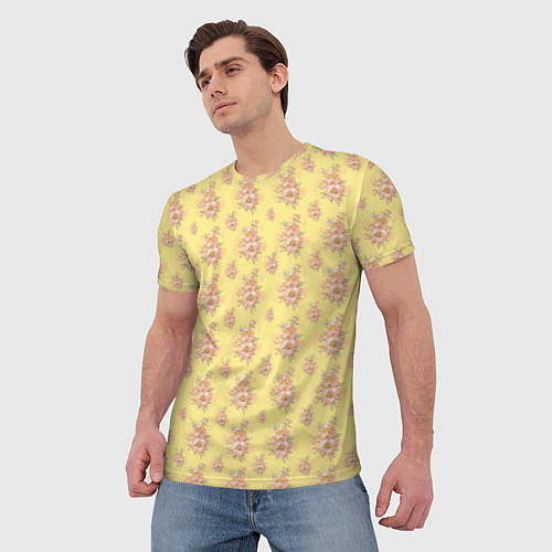 Мужская футболка Розовые пионы на желтом фоне / 3D-принт – фото 3