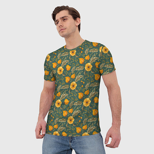 Мужская футболка Желтые цветочки и листья / 3D-принт – фото 3
