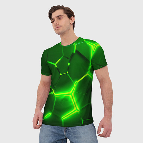 Мужская футболка 3D ПЛИТЫ НЕОН NEON GREEN HEXAGON РАЗЛОМ / 3D-принт – фото 3