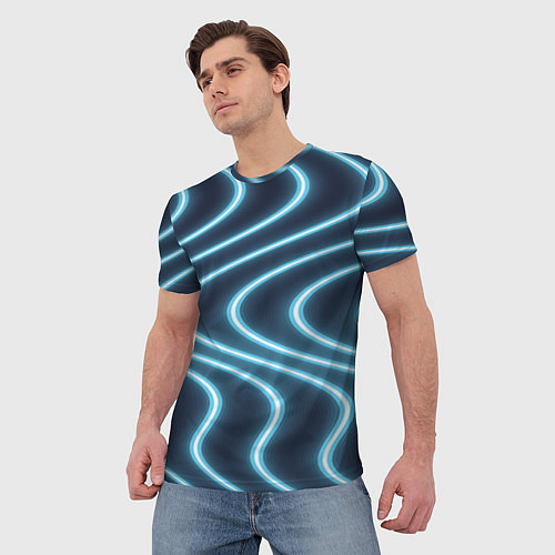 Мужская футболка Неоновый свет Волны голубые на темном фоне / 3D-принт – фото 3