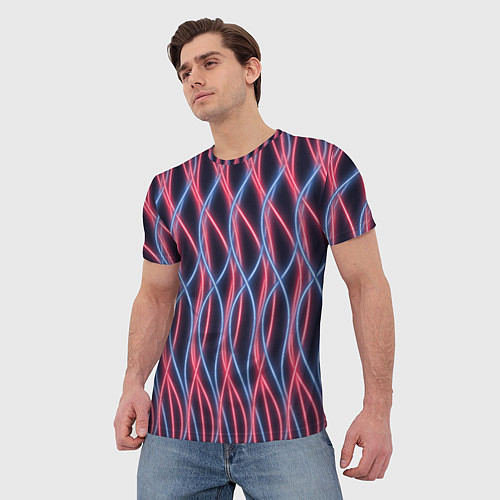 Мужская футболка Неоновые волны Розовый и голубой на темном фоне / 3D-принт – фото 3