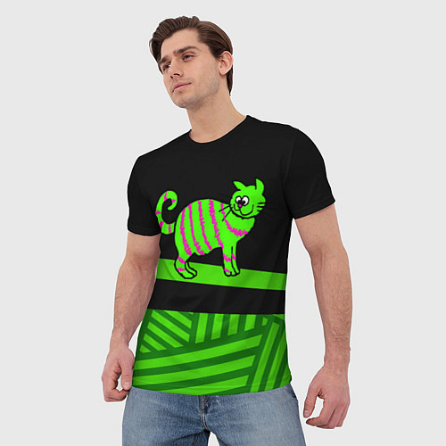 Мужская футболка Зеленый полосатый кот / 3D-принт – фото 3