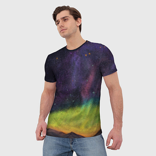 Мужская футболка Горный пейзаж со звёздным небом и северным сиянием / 3D-принт – фото 3