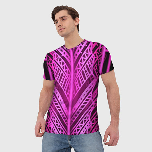 Мужская футболка Неоновая абстракция Розовый светящийся узор на тем / 3D-принт – фото 3