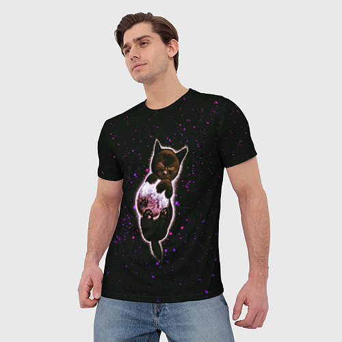 Мужская футболка Котенок в космосе - звезды неон / 3D-принт – фото 3