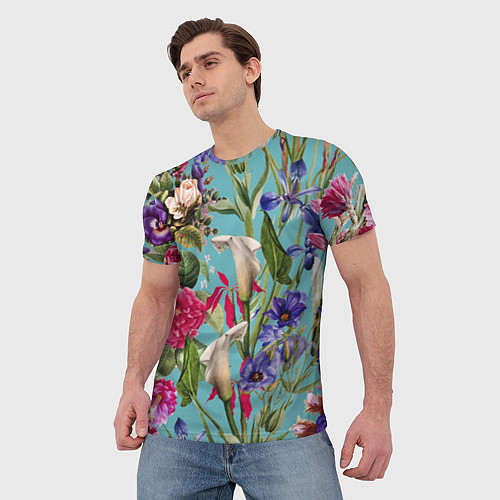 Мужская футболка Цветы Ярко-Синие / 3D-принт – фото 3