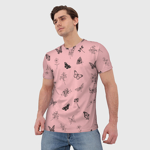 Мужская футболка Цветочки и бабочки на розовом фоне / 3D-принт – фото 3