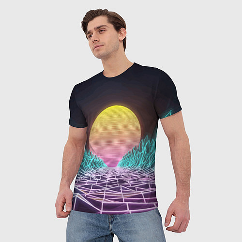 Мужская футболка Vaporwave Закат солнца в горах Neon / 3D-принт – фото 3