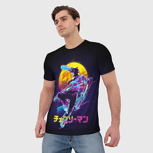 Мужская футболка CHAINSAW MAN on the background of the moon / 3D-принт – фото 3
