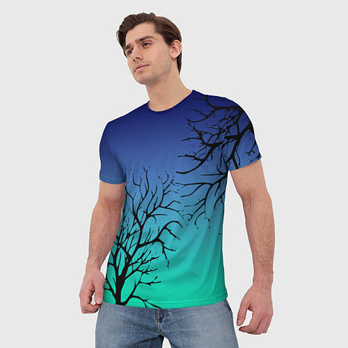 Мужская футболка Черные абстрактные ветки деревьев на сине-зеленом / 3D-принт – фото 3