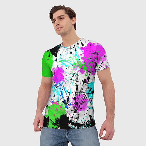 Мужская футболка Неоновые разноцветные пятна и брызги красок / 3D-принт – фото 3