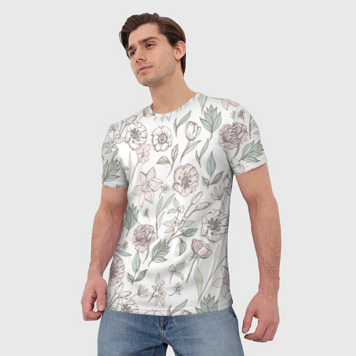 Мужская футболка Цветы Астры и Розы На Светлом Фоне / 3D-принт – фото 3