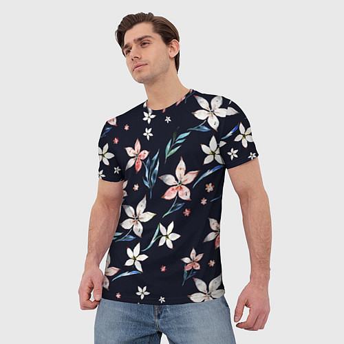 Мужская футболка Цветы Нарисованные Акварелью На Чёрном Фоне / 3D-принт – фото 3
