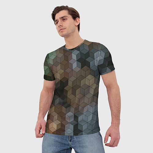 Мужская футболка Геометрический 3D узор в серых и коричневых тонах / 3D-принт – фото 3