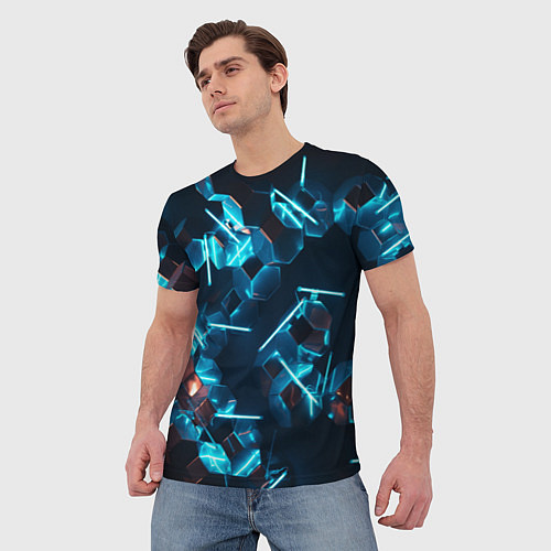 Мужская футболка Неоновые фигуры с лазерами - Голубой / 3D-принт – фото 3