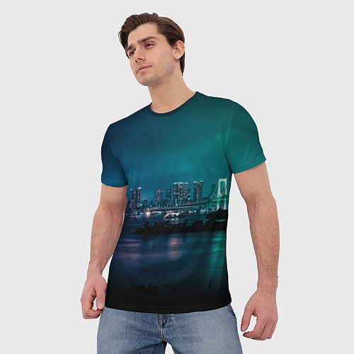 Мужская футболка Неоновый город с рекой - Светло-зелёный / 3D-принт – фото 3