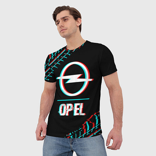 Мужская футболка Значок Opel в стиле Glitch на темном фоне / 3D-принт – фото 3