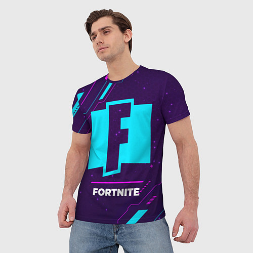 Мужская футболка Символ Fortnite в неоновых цветах на темном фоне / 3D-принт – фото 3