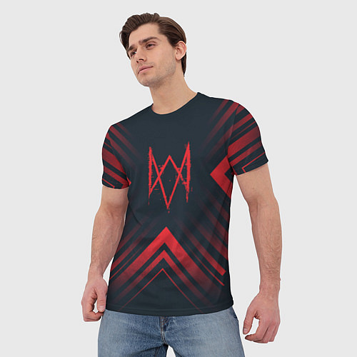 Мужская футболка Красный Символ Watch Dogs на темном фоне со стрелк / 3D-принт – фото 3