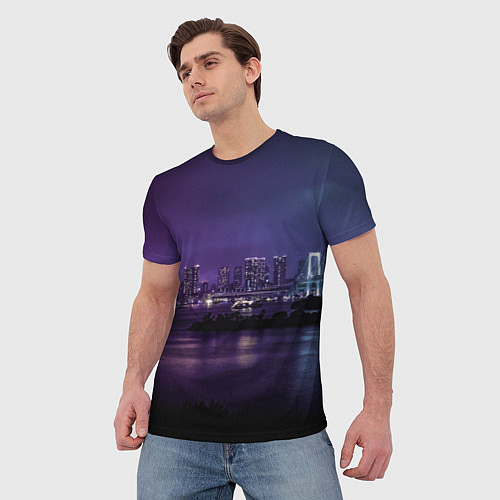 Мужская футболка Неоновый город с рекой - Фиолетовый / 3D-принт – фото 3