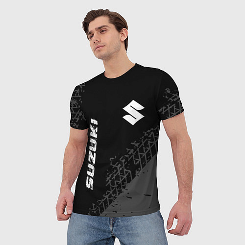 Мужская футболка Suzuki Speed на темном фоне со следами шин / 3D-принт – фото 3