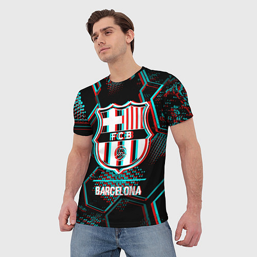 Мужская футболка Barcelona FC в стиле Glitch на темном фоне / 3D-принт – фото 3