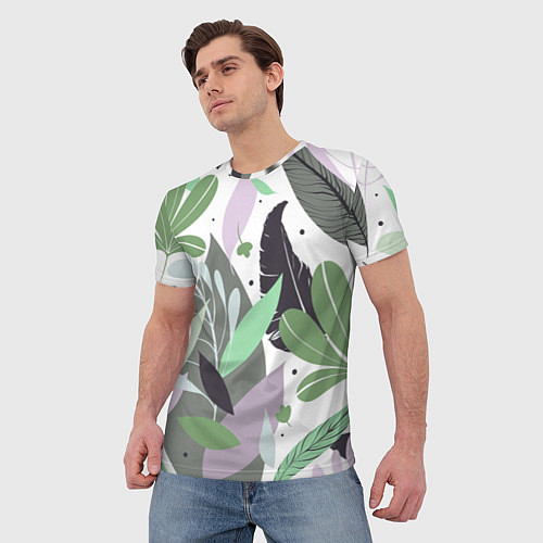 Мужская футболка Зелёные, серые, голубые, сиреневые листья на белом / 3D-принт – фото 3