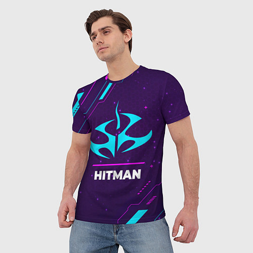 Мужская футболка Символ Hitman в неоновых цветах на темном фоне / 3D-принт – фото 3