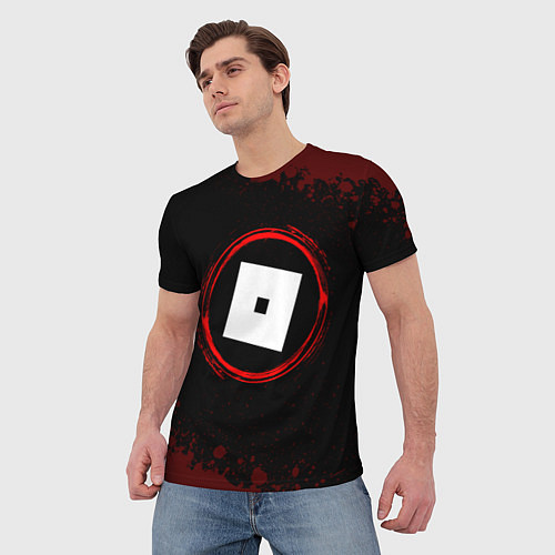Мужская футболка Символ Roblox и краска вокруг на темном фоне / 3D-принт – фото 3