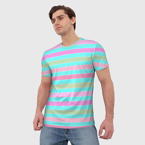 Мужская футболка Pink turquoise stripes horizontal Полосатый узор / 3D-принт – фото 3