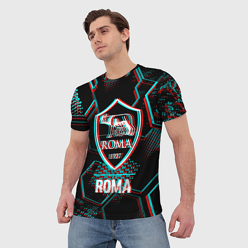 Мужская футболка Roma FC в стиле Glitch на темном фоне / 3D-принт – фото 3