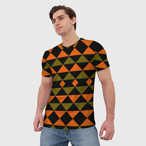 Мужская футболка Геометрический узор черно-оранжевые фигуры / 3D-принт – фото 3