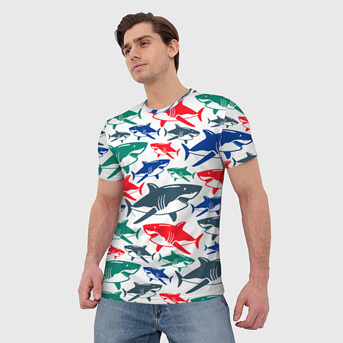 Мужская футболка Стая разноцветных акул - паттерн / 3D-принт – фото 3