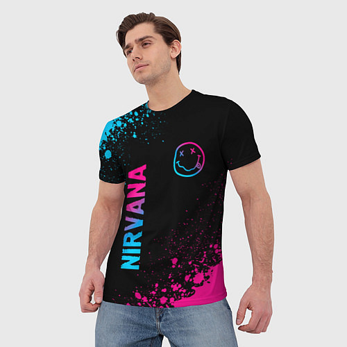 Мужская футболка Nirvana - neon gradient: символ и надпись вертикал / 3D-принт – фото 3