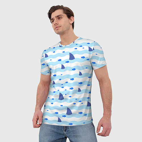 Мужская футболка Волны, рыбки и плавники акул - паттерн / 3D-принт – фото 3