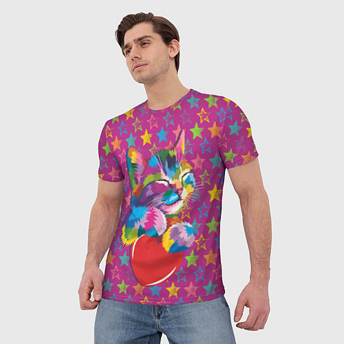 Мужская футболка Сердечный котик в поп-арте / 3D-принт – фото 3