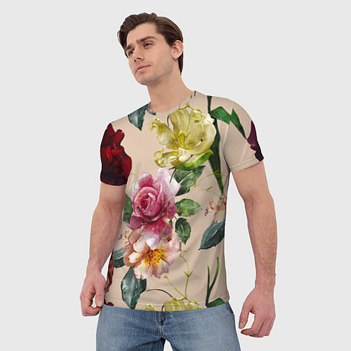 Мужская футболка Цветы Нарисованные Красные Розы и Лилии / 3D-принт – фото 3