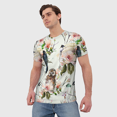 Мужская футболка Цветы Нарисованные Магнолии и Птицы / 3D-принт – фото 3
