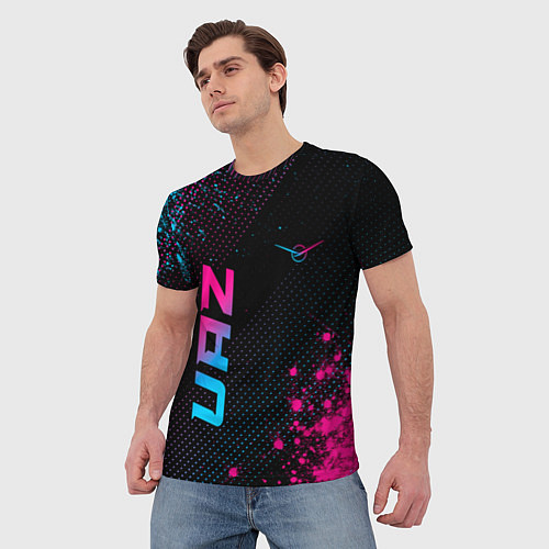 Мужская футболка UAZ - neon gradient: символ и надпись вертикально / 3D-принт – фото 3