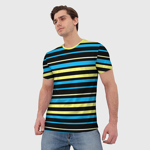 Мужская футболка Желто-голубые полосы на черном фоне / 3D-принт – фото 3