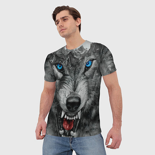 Мужская футболка Агрессивный волк с синими глазами / 3D-принт – фото 3