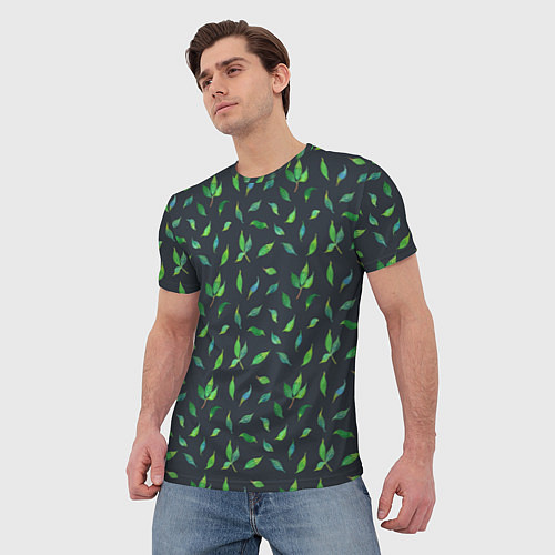Мужская футболка Зеленые листья и веточки на темном фоне / 3D-принт – фото 3
