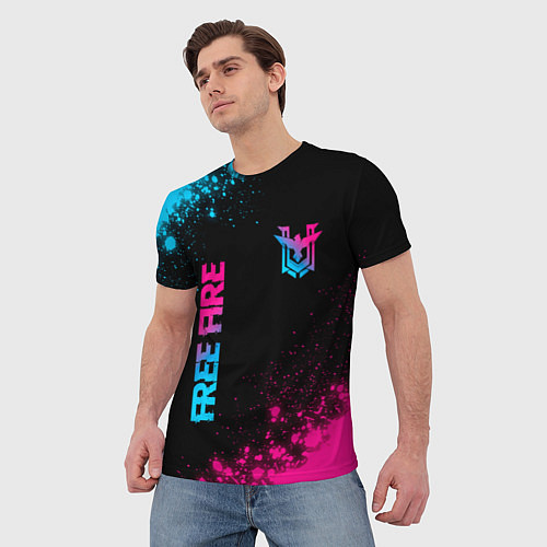 Мужская футболка Free Fire - neon gradient: символ и надпись вертик / 3D-принт – фото 3