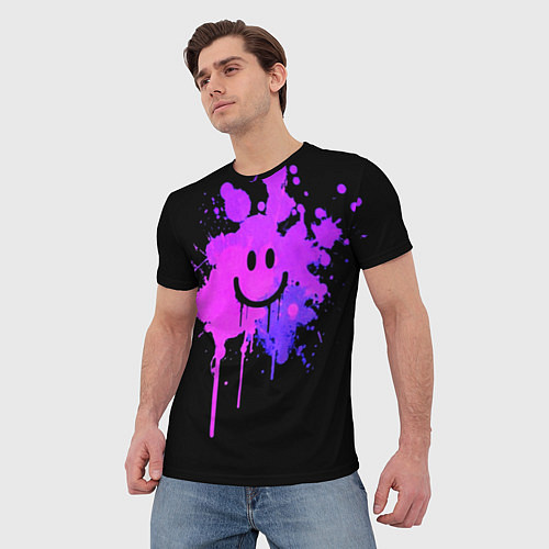 Мужская футболка Неоновый улыбающийся смайлик / 3D-принт – фото 3