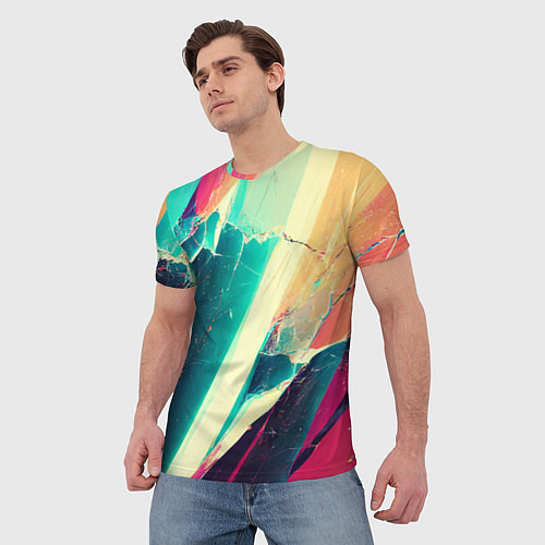 Мужская футболка Разбитый экран, неоновые осколки / 3D-принт – фото 3