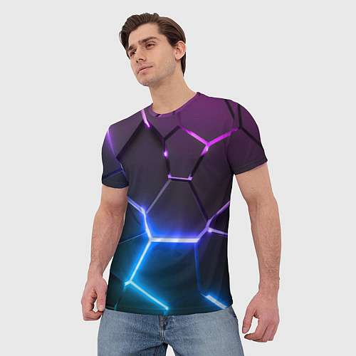 Мужская футболка Фиолетовый градиент - неоновые геометрические плит / 3D-принт – фото 3