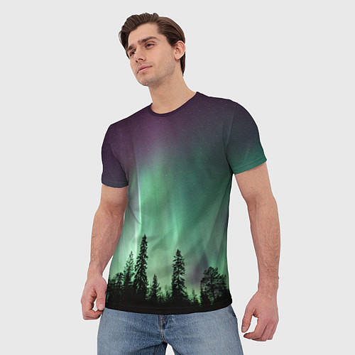 Мужская футболка Сияние над лесом / 3D-принт – фото 3