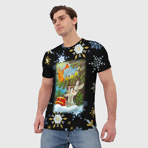 Мужская футболка Новый год зайчик играет на барабане / 3D-принт – фото 3